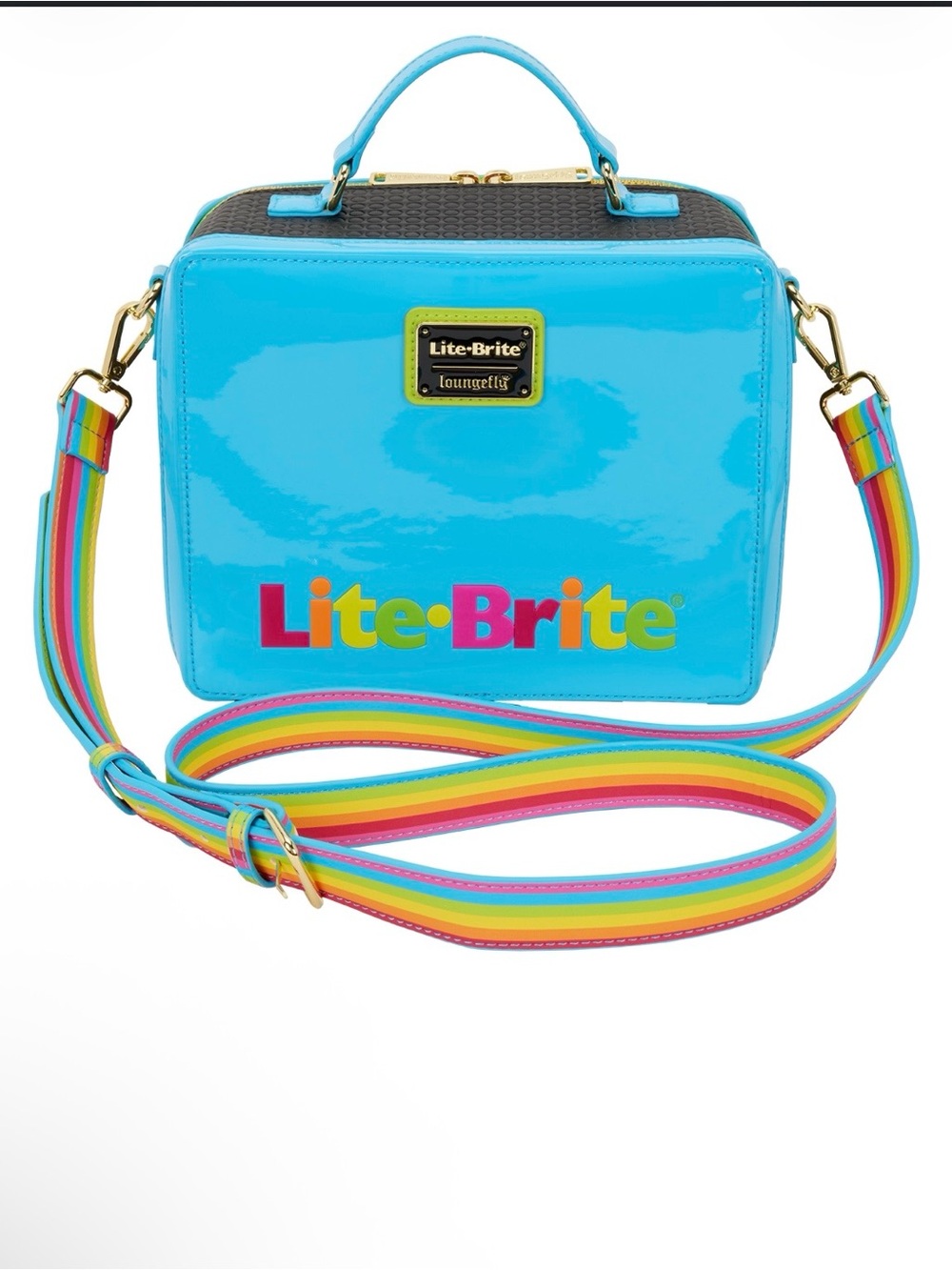 Loungefly Bright Blue Lite-Brite Patent Crossbody with Rainbow Strap